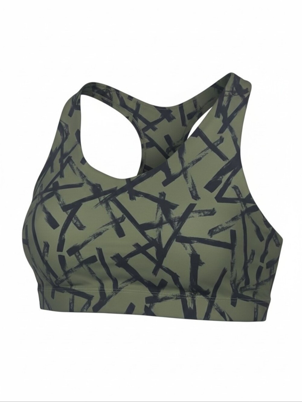 Olive Green & Black Printed Racerback Sports Bra Athletic Gym Womens Size L
